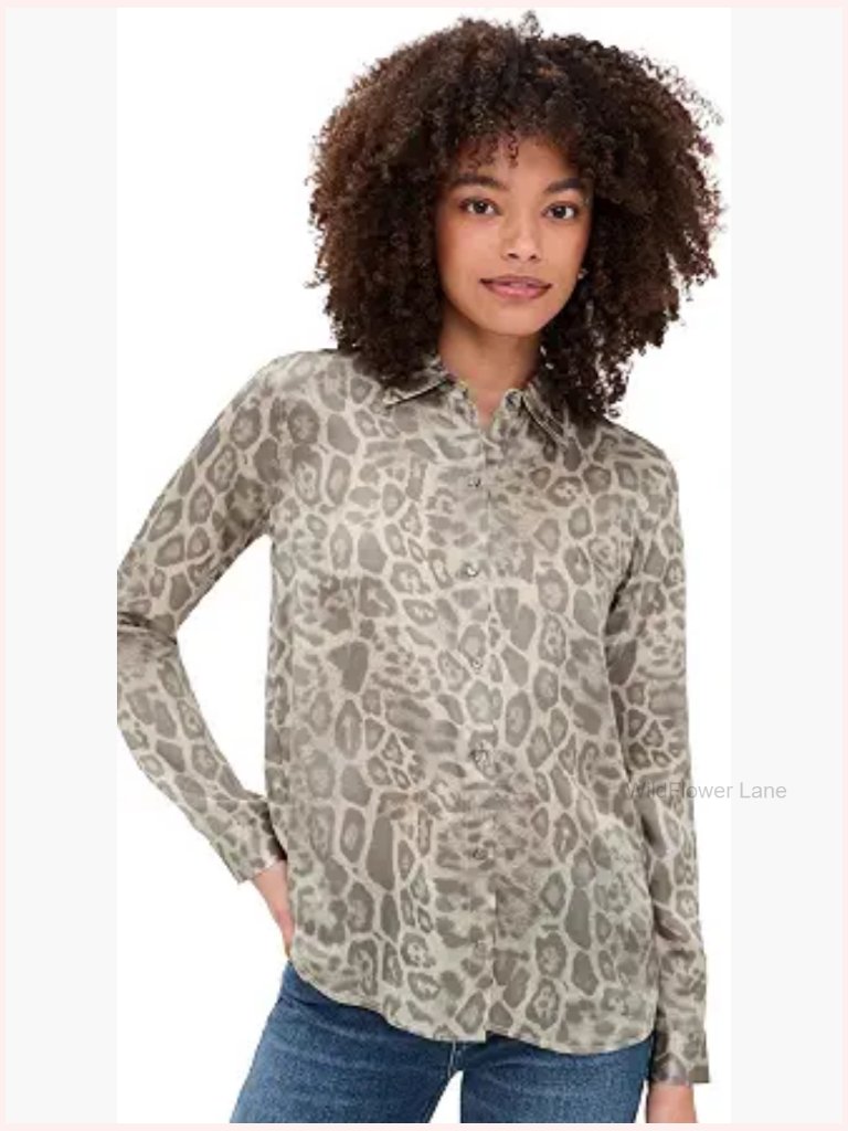 Long Sleeve Silk Blouse, Button Placket, Collared Neck, Leopard Print